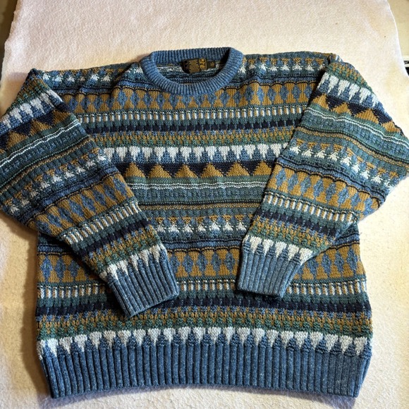 Vintage Eddie Bauer Mens XL Fair Isle Cotton Sweater Made in USA Blue Geometric
